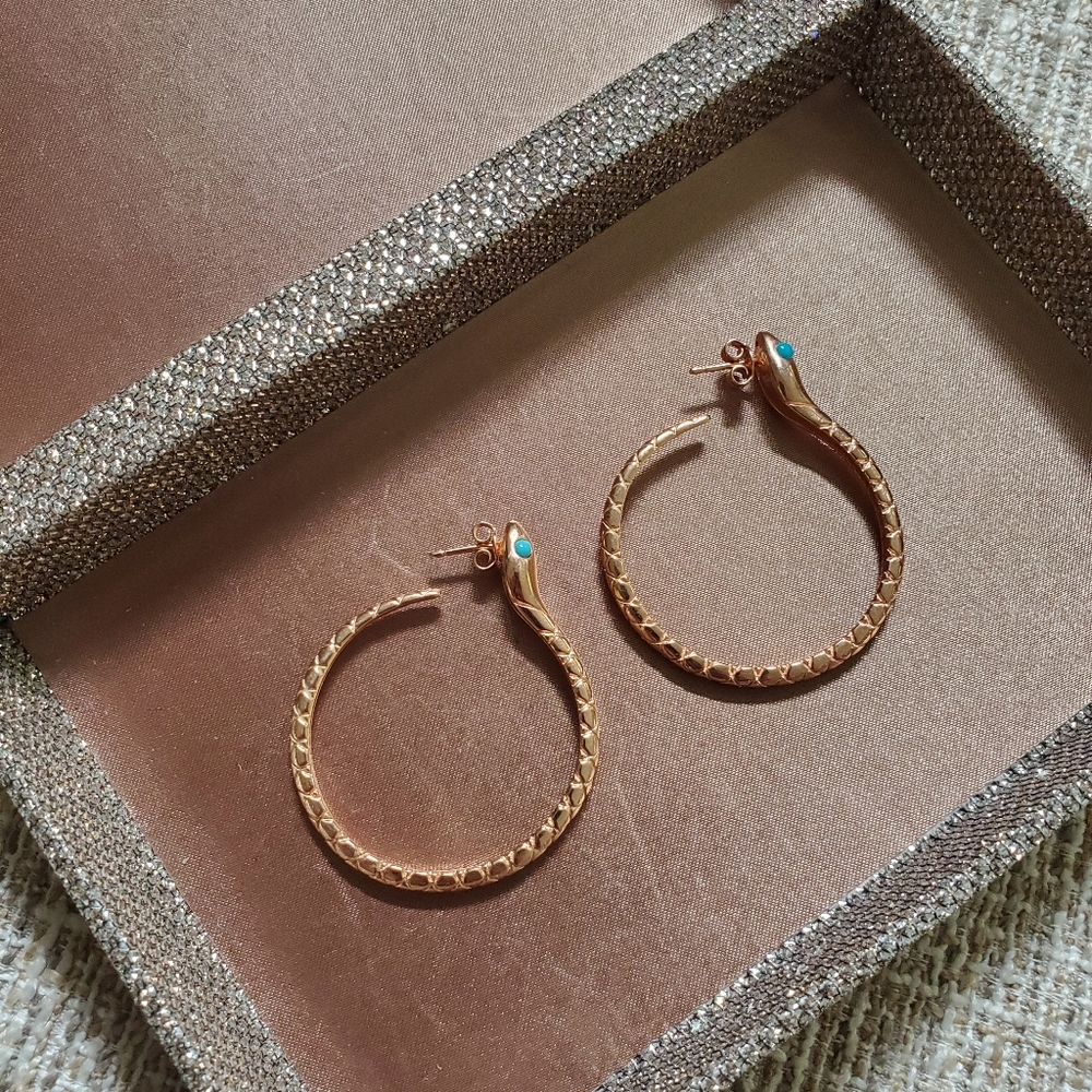 Sterling Rose Gold Plated Snake Hoop Earrings - Picture 2 of 7